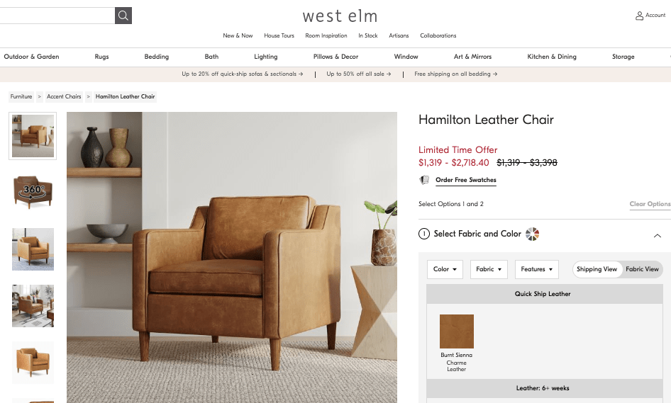 Product description on a furniture store website