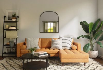 Image of modern living room with orange couch